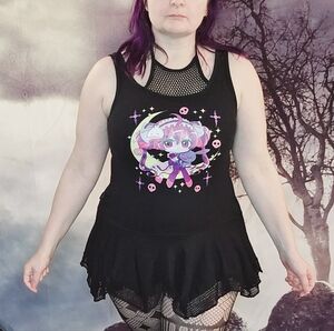 Black Tunic Top Fishnet Detail Cute Kawaii Pastel Gothic Graphic On Front Sz L